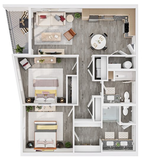Floor plan for 2 beds, 2 baths, 1073 sqft